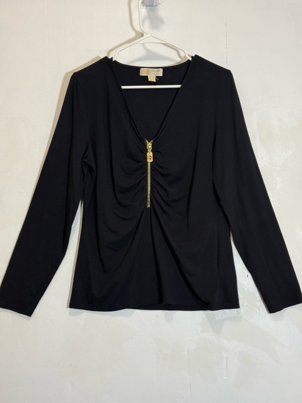 Michael Kors Black Long-Sleeve V-Neck Top with 1/4 Gold Zip Sz L